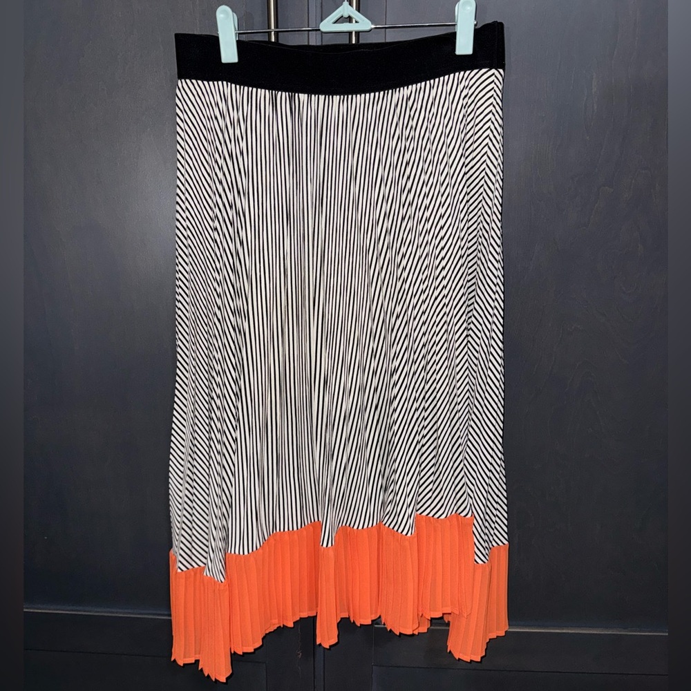 Black and White Striped Skirt with Orange Hem